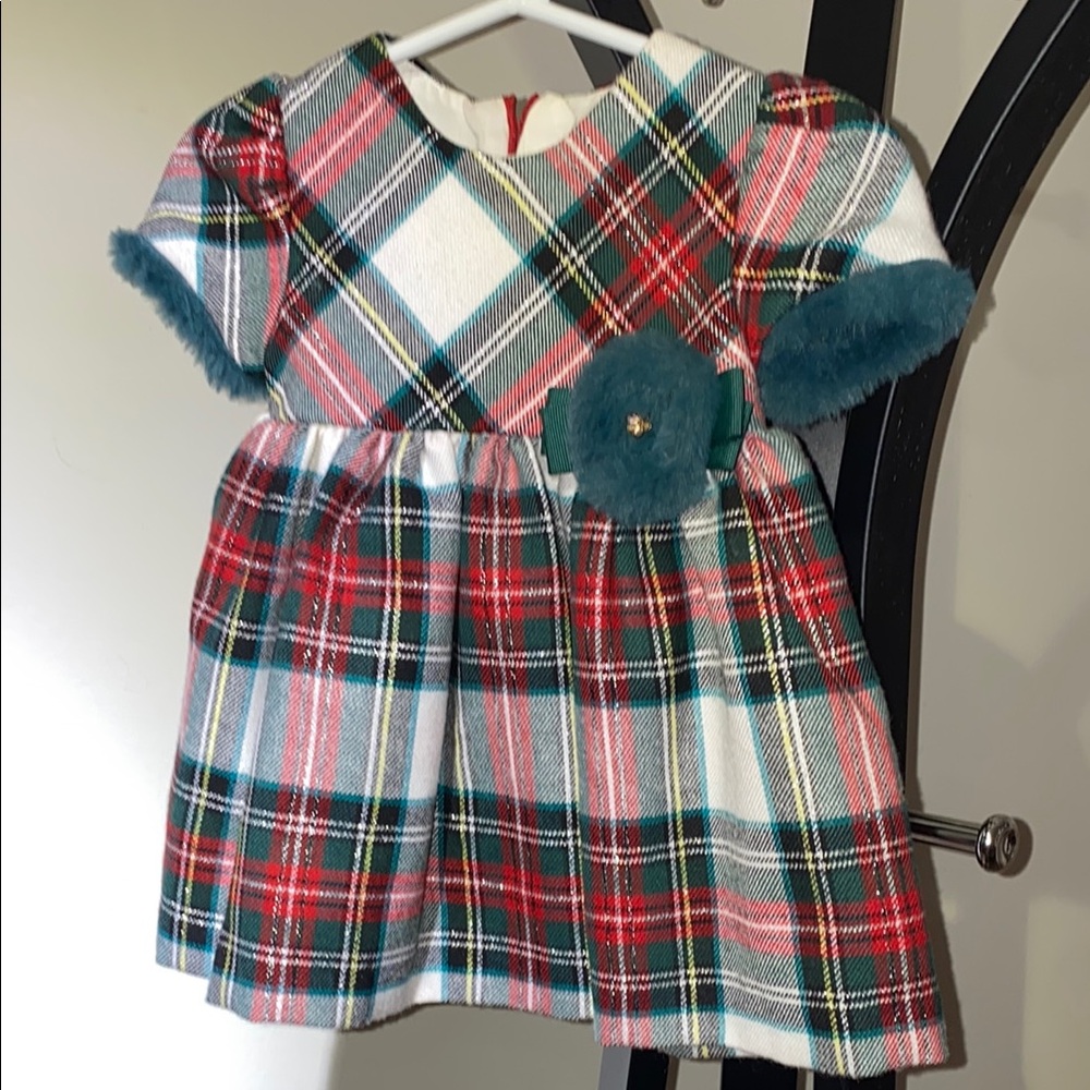Plaid Holiday Dress with Teal Fur Trim